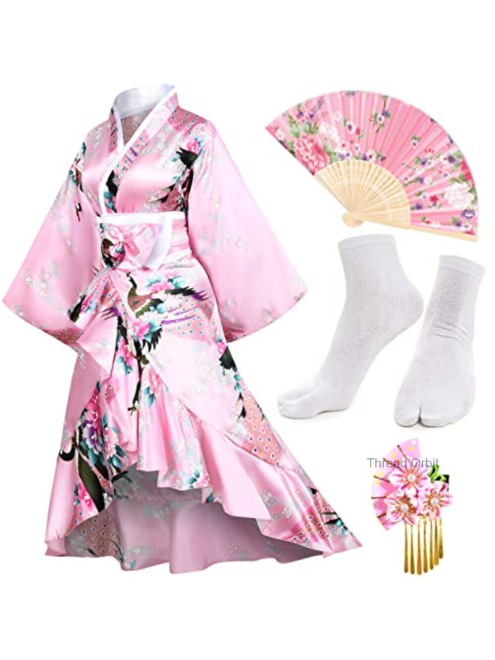 Satin Kimono Robe Set Tuxedo Ruffle Dress Cosplay Sleepwear 6 Piece